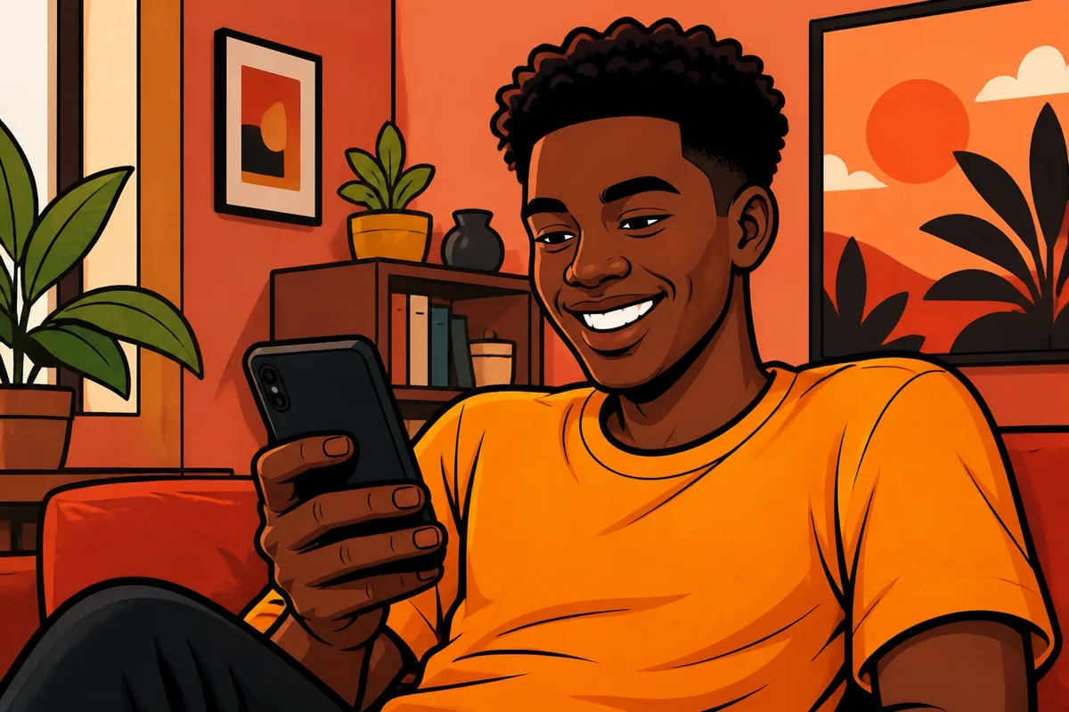Un jeune homme souriant, installé dans un salon aux tons terracotta, joue à Bibloo sur son téléphone