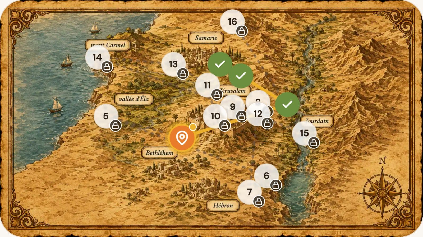 La carte d’aventure du monde Les Rois : les épisodes à franchir, les cadenas et la position du joueur.