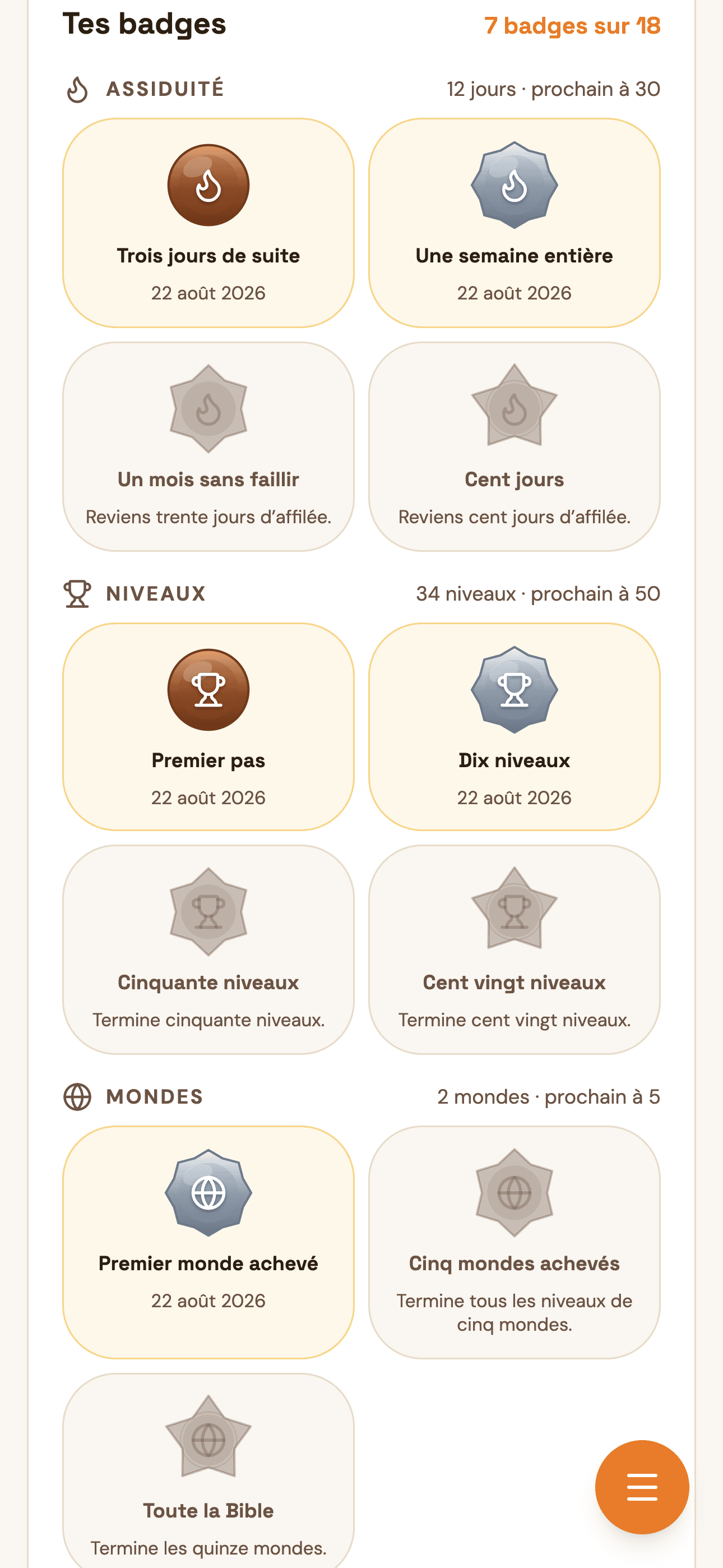 La grille des badges : ceux déjà gagnés en doré, les suivants encore éteints.