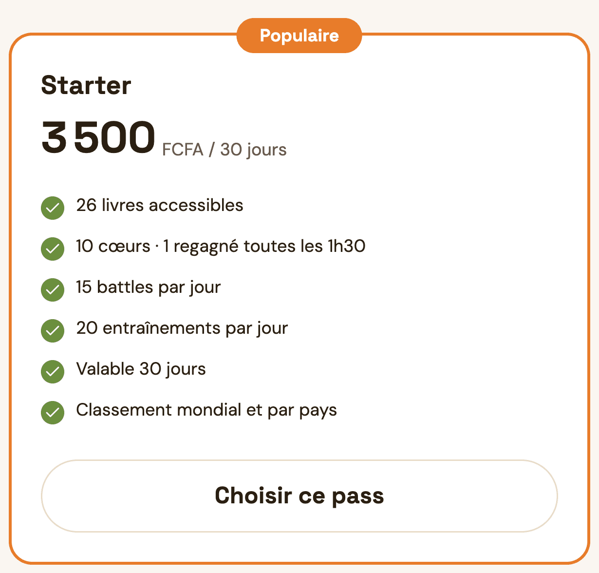 La carte du pass Starter à 3 500 FCFA pour 30 jours, avec ce qu’elle débloque.