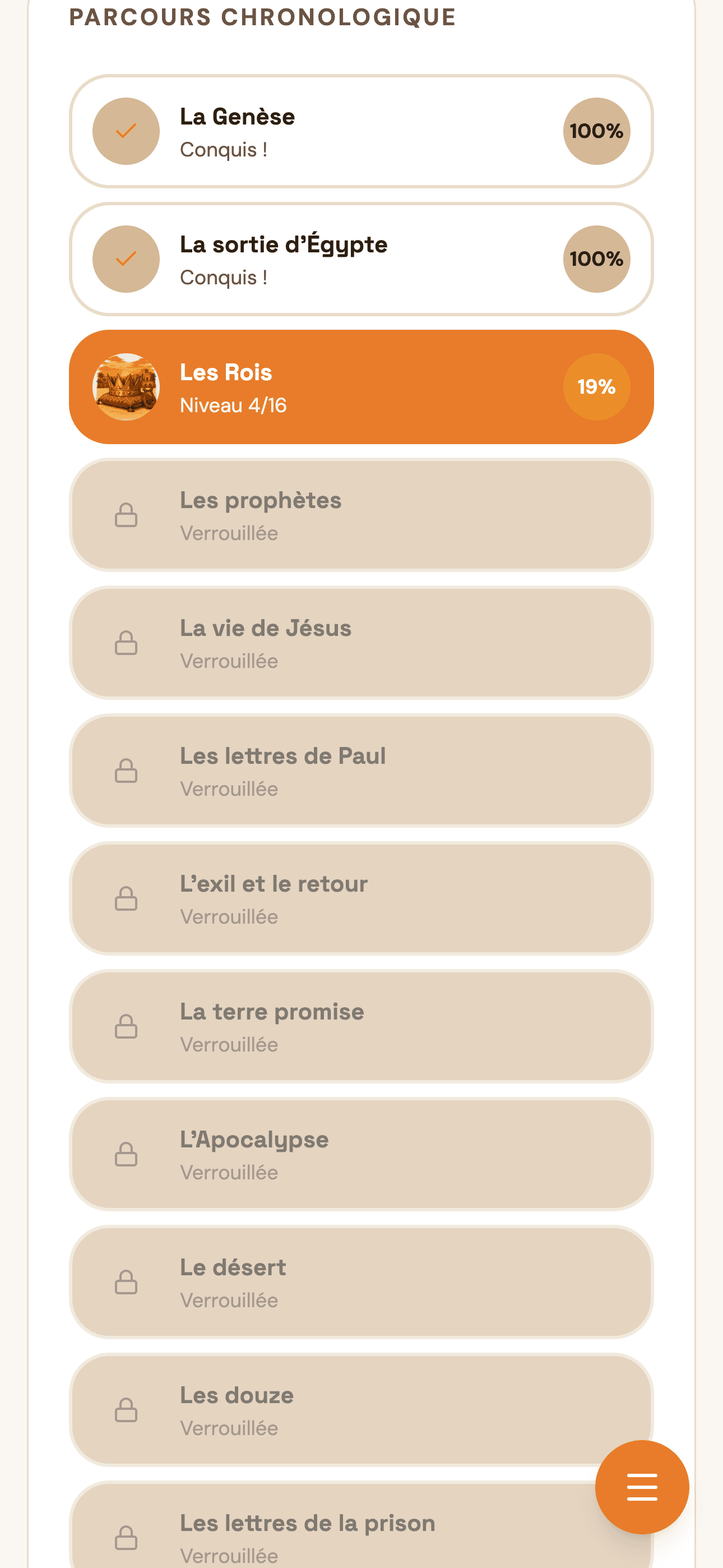 Le parcours chronologique : deux mondes conquis, un en cours, les suivants verrouillés.