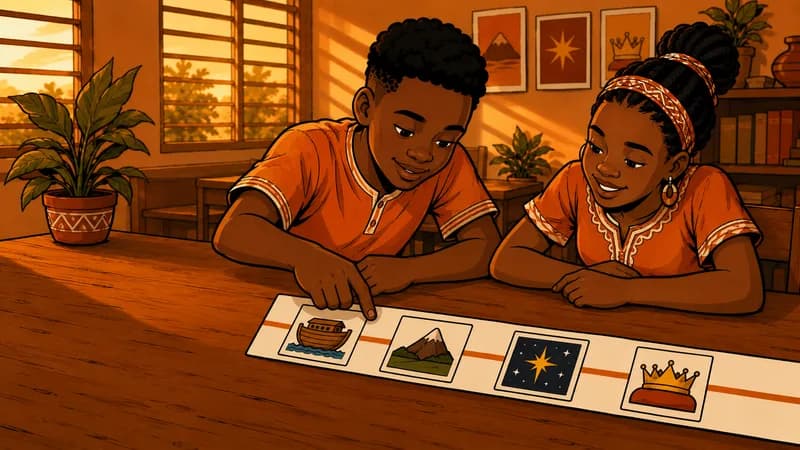Deux adolescents remettent dans l’ordre une frise de vignettes bibliques reliées par une ligne orange