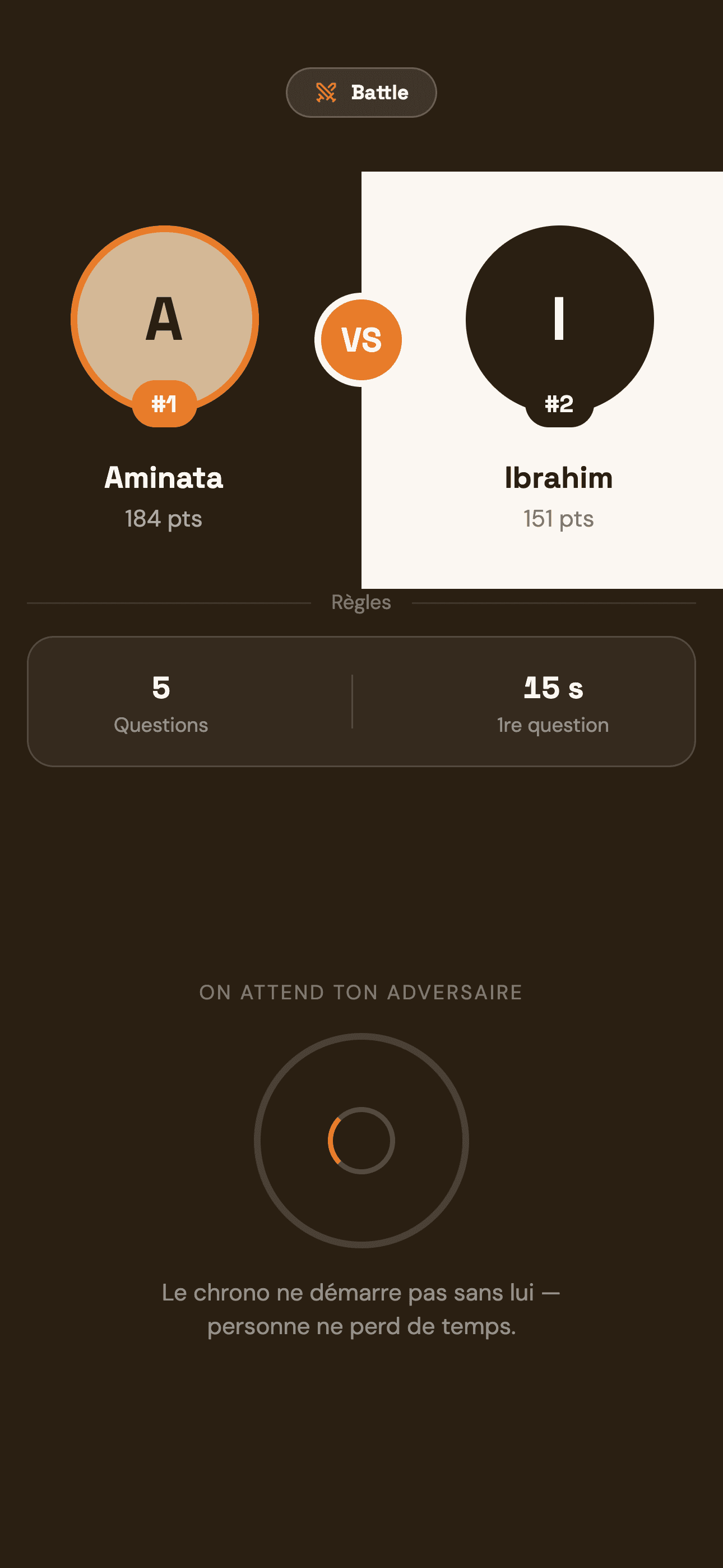 Un duel en direct : Aminata contre Ibrahim, avec leurs points de battle.