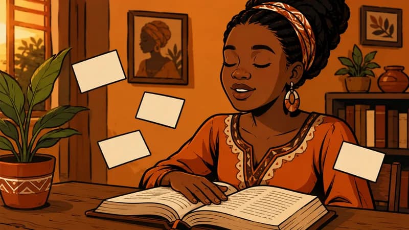 Une jeune femme récite un verset les yeux fermés, une Bible ouverte devant elle et des cartes-mémoire flottant autour